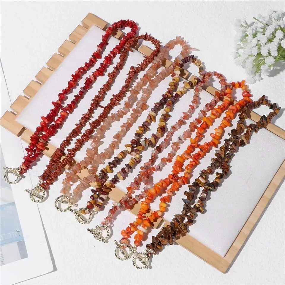 CSJA Naturstein Kristall Halskette Perlen Halsband für Frauen Heilung Natürlicher Chip Stein Sonnenstein Citrin Hals Halsketten Kette H153