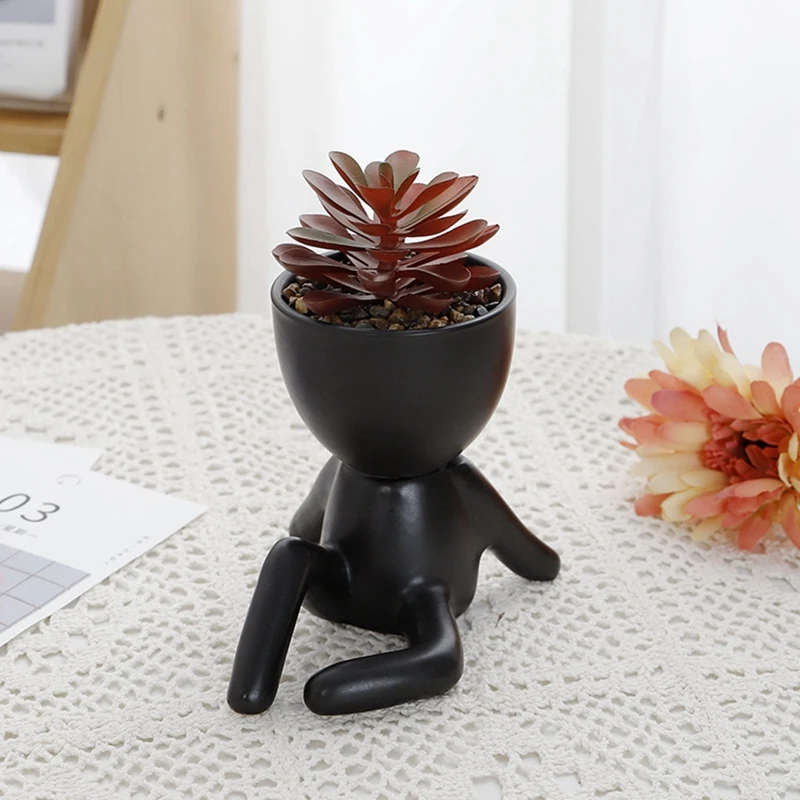 4PCS Black Artificial Succulent Planters Mini Potted Ceramic Succulent Decor Handicraft Ornaments