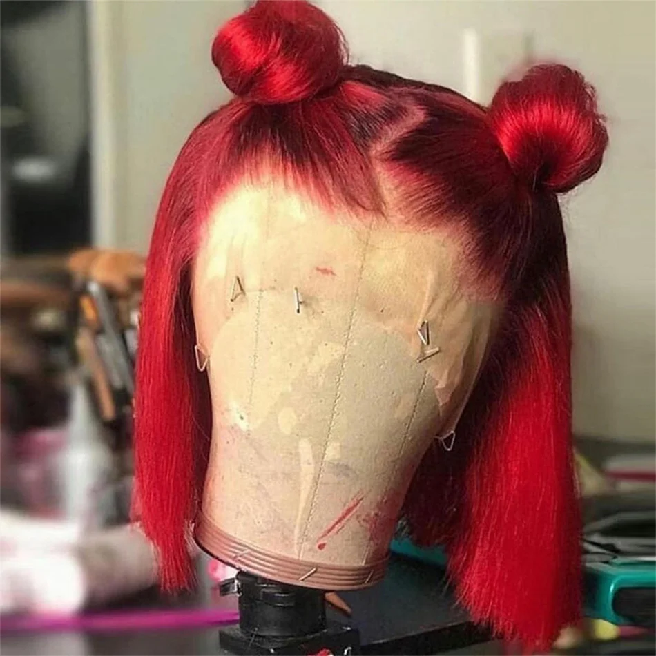 

Hot Red Straight Bob Transparent Lace Front Human Hair Wigs Brazilian Burgundy Red Colored Short Bob 13x4 Lace Frontal Wigs