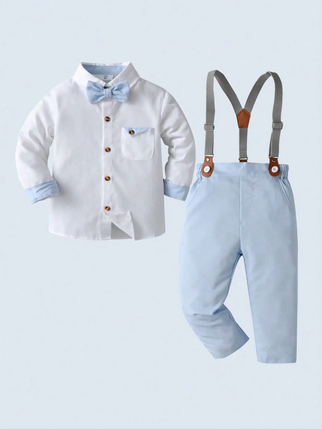 

Boys Formal Outfit: White Long Sleeve Shirt with Bow Tie & Light Blue Suspender Pants