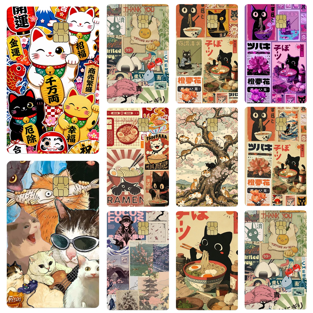Cute Cat Ramen Card Sticker Japanese Style Chip Cover Kawaii Anime Credit Card Skin Sticker Bank Card Film Protective Sticker