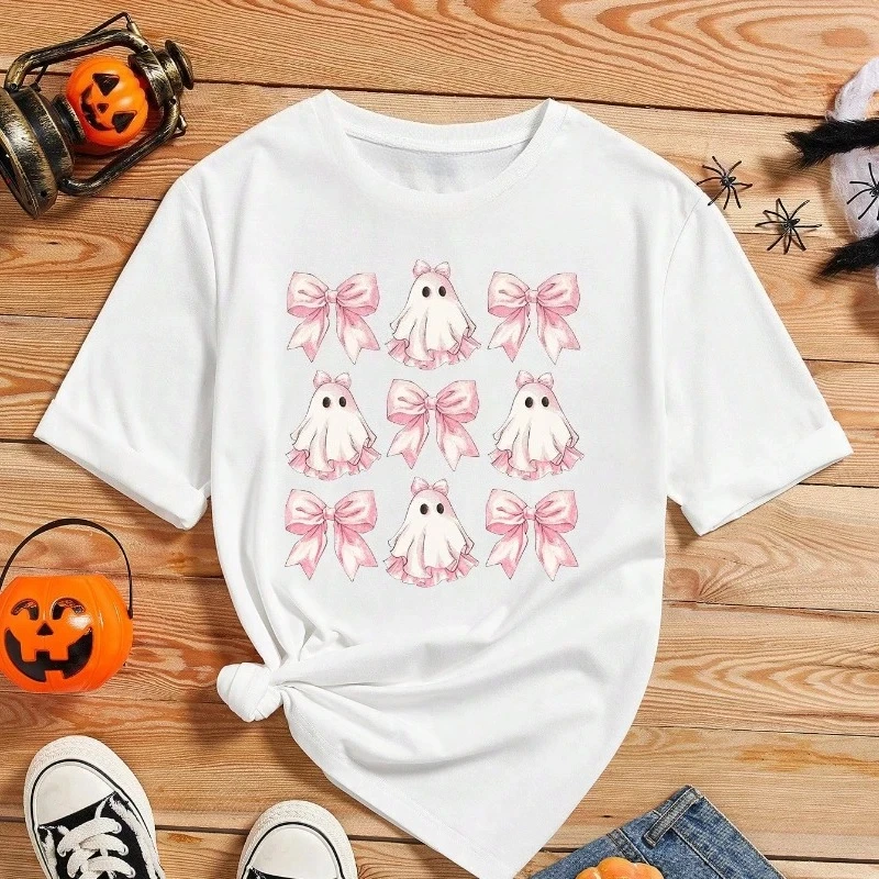 تي شيرت مطبوع عليه رسومات الهالوين لطيف على شكل شبح وفيونكة منقوشة كاجوال برقبة دائرية وأكمام قصيرة للنساء ملابس نسائية #4