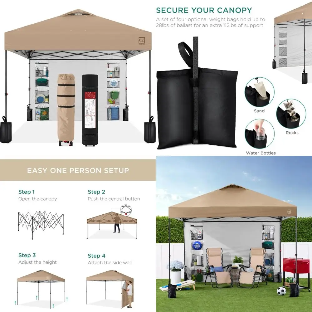 

Best Choice Products 10x10ft Easy Pop Up Canopy w/Side Wall, 10 Pockets, Portable Carrying Case, 1-Button Setup, 4 Weight Bags -