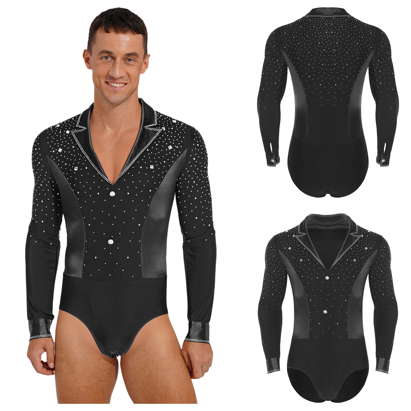

Mens Latin Tango Dance Bodysuit Glittery Rhinestone Lapel V Neck Long Sleeve Openable Crotch Patchwork Latin Leotard Jumpsuit