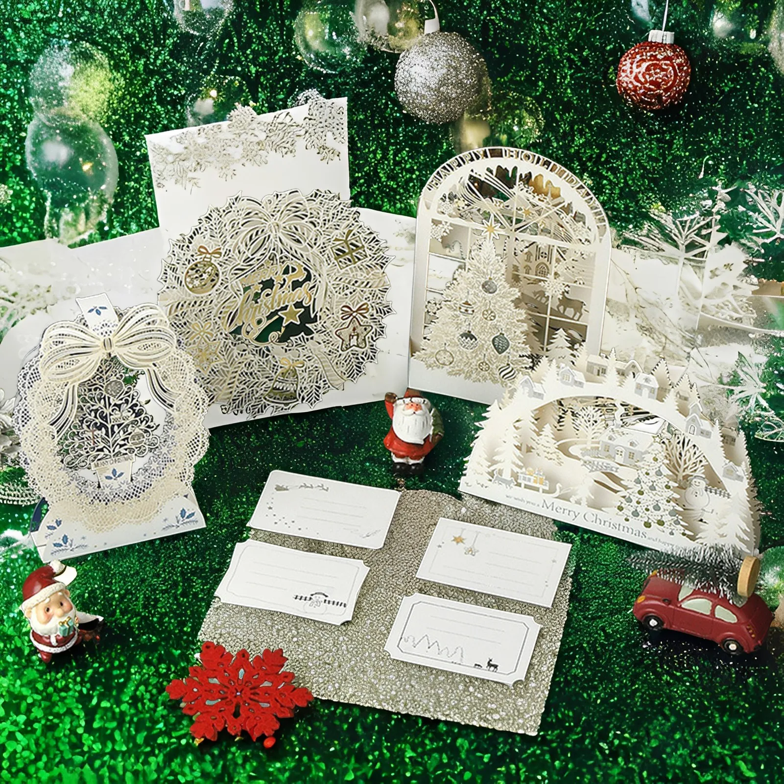 

2025 Christmas Greeting Card Exquisite Hollow Xmas Element Pattern Foldable Blessing Card Creative Christmas 3D Desktop Ornament