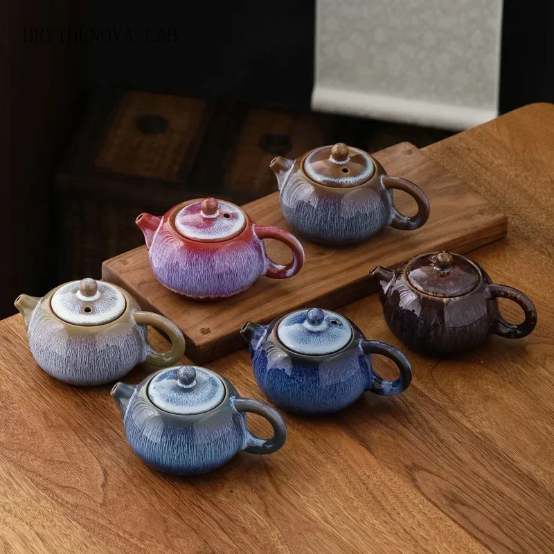 Household Porcelain Kung Fu Tea Set Flambe, Temmoku Gentiana Glaze, Pot, Jianzhan Teapot, Traditional Porcelain, Overglaze Color