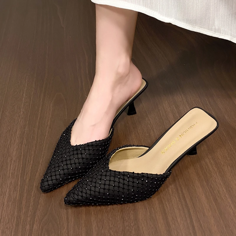 New Summer Stilettos Slippers Spring Pointed Toe Rhinestone Mesh Feet Non-slip Wear-resistant High Heels Women's Shoes Slides