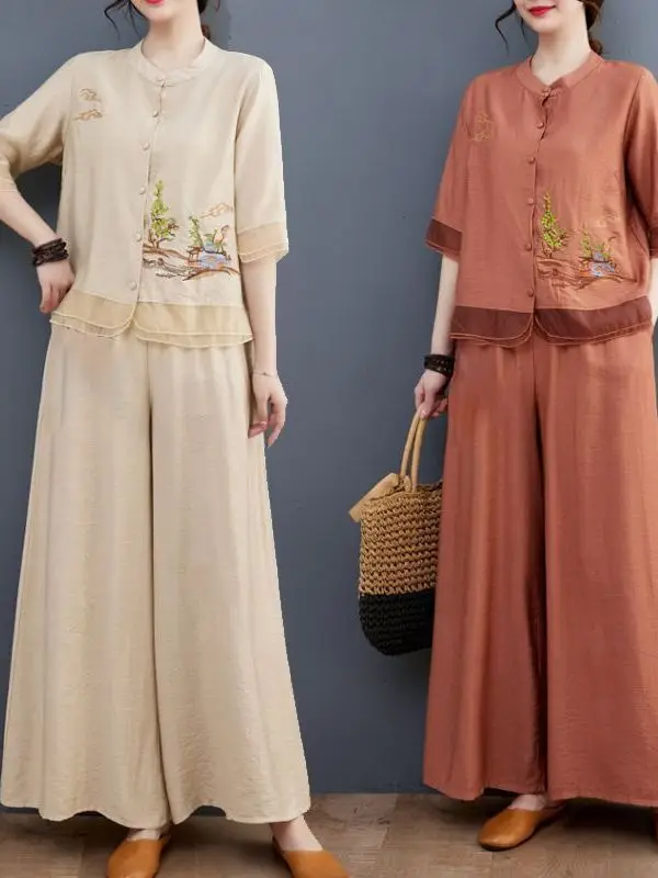 Elegant Ethnic Style Women's Cotton Linen Two-Piece Set Summer Breathable Loose Fit round Neck Open Cardigan Long Pants