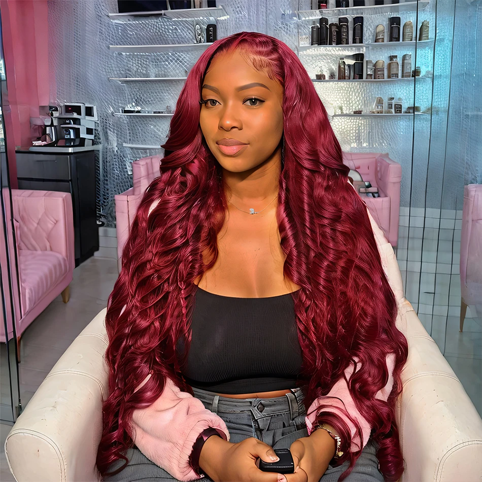 

Парик из натуральных волос Body Wave 99j Burgundy, 13x6 HD Lace Front, 13x4 Lace Frontal, с предварительно выщипанной линией роста волос, бразильские волосы