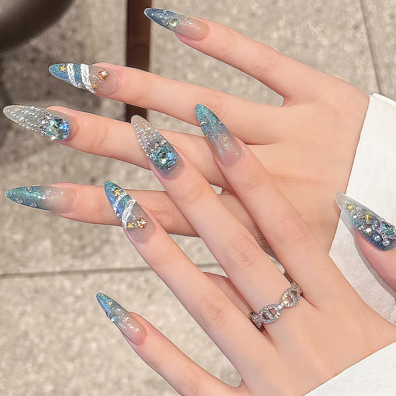10pcs Handmade Long Almond False Nails Aurora Blue Green French Cat\'s Eye Press On Nails Gold Star Pearl Diamond Decor Fake Nail