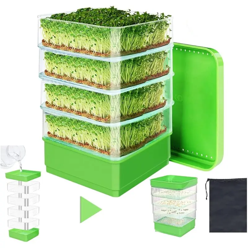 

Premium-Drain Holes& Drain Tray Included- 4-Tier Seed Sprouting Kit Upgrade For Microgreens, Fresh For Beans& Alfalfa Seeds