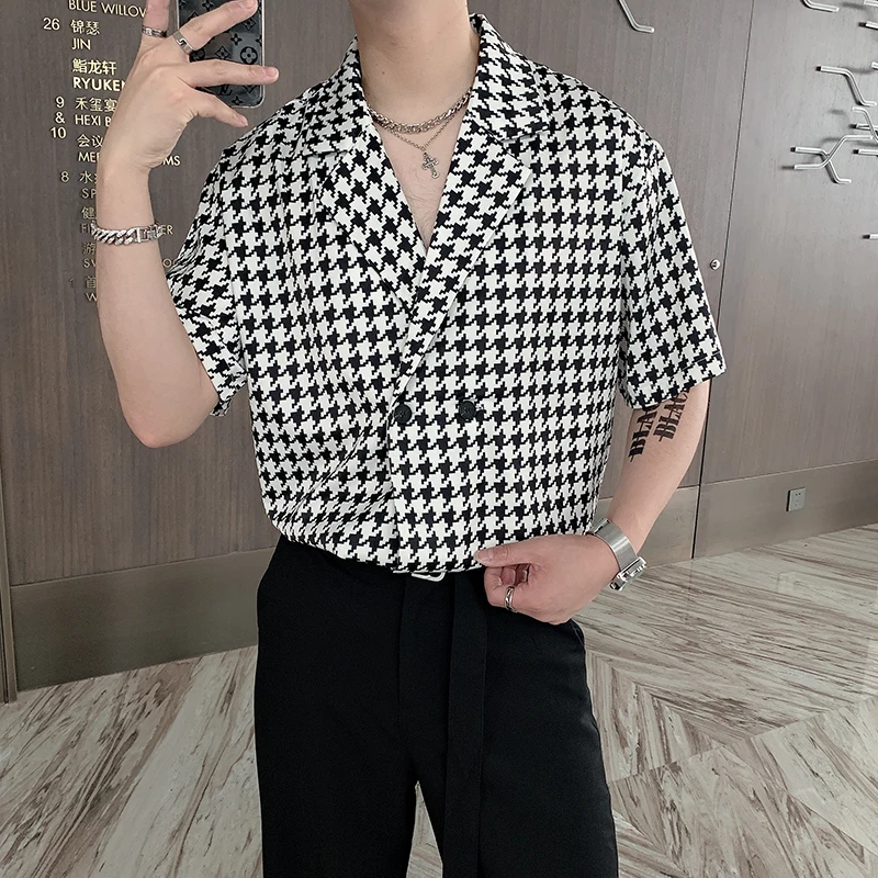 Shirts Men Unisex Casual Daily Summer Short Sleeve Houndstooth Trendy V-neck Chic British Style Loose Double-breasted Streetwear