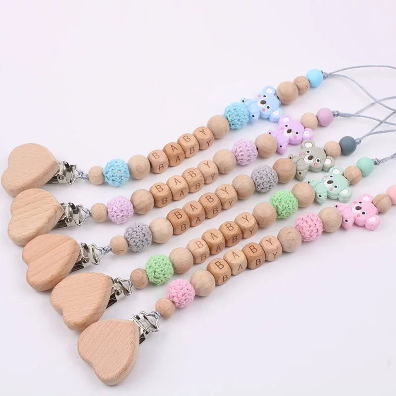 New Natural Beech Personalized Pacifier Clip Custom Baby Name Pacifier Chain Safe And Harmless Food Grade Silicone Baby Products