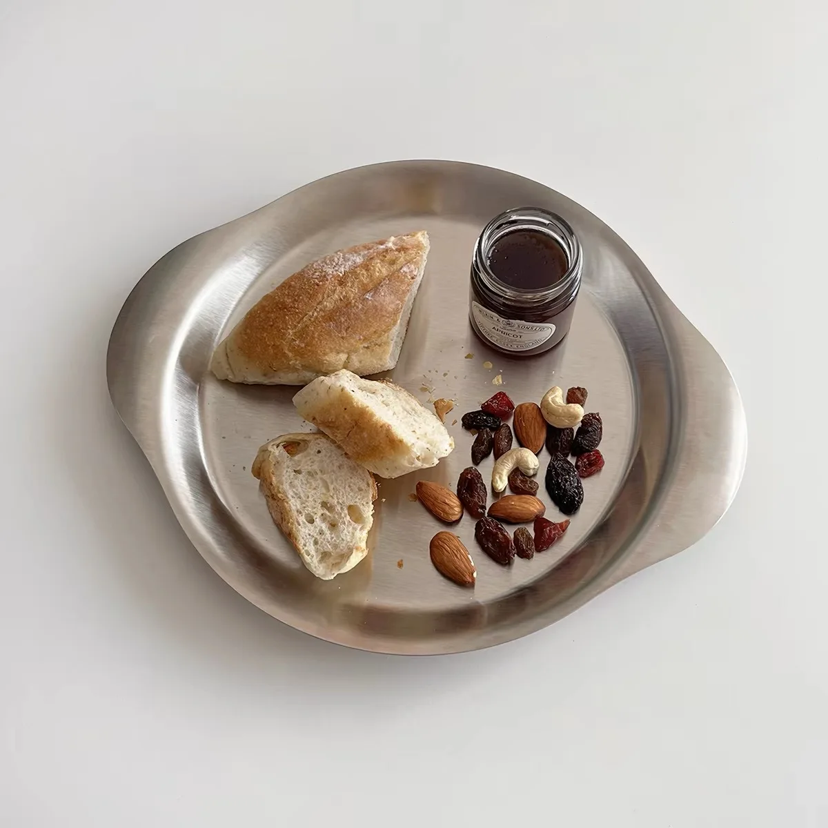 Stainless Steel Double-Handle Dinner Plate Tray, Fruit Plate, Shallow Dish, Curry Plate, Pasta Plate, Fried Chicken Snack Plate, Flat-Bottom Cake Dessert Plate, Barbecue Plate, Afternoon Tea Coffee Round Tray