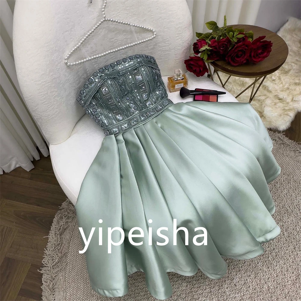 Customized Sparkle Prom Sexy Casual Strapless A-line Party Dress Beading Draped Anke length Charmeuse Evening