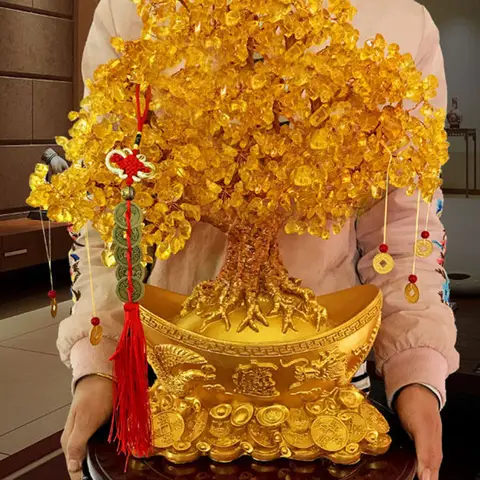 Citrine resina madera cobre dinero árbol nament decoración de mesa plantas artificiales árbol de la fortuna artesanía adorno para el hogar