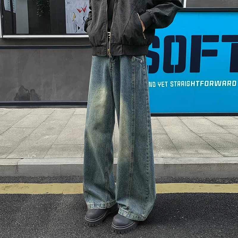 Men's Vintage Washed Baggy Jeans Stitched Panel Loose Wide Leg Denim Trousers Casual Streetwear Pants with Pockets for Spring