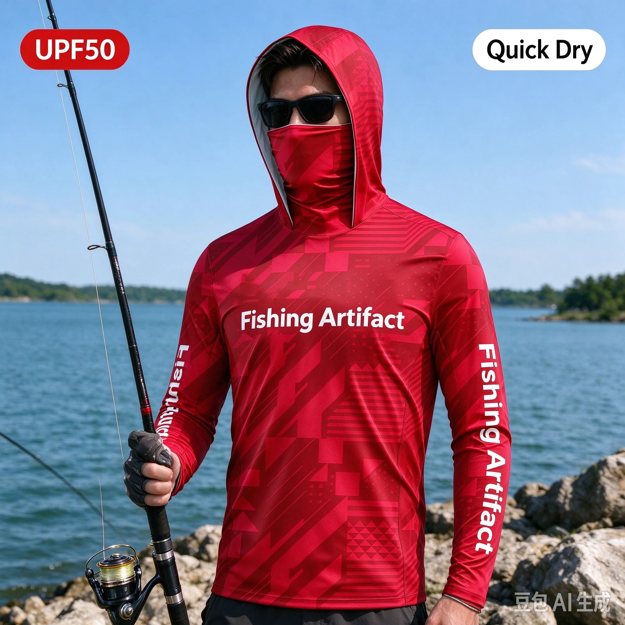 Outdoor Sun Hoodie Men 3D Printed UPF50 Face Cover Quick Dry Long Sleeve Geometric Red Fishing Trail Hiking Breathable