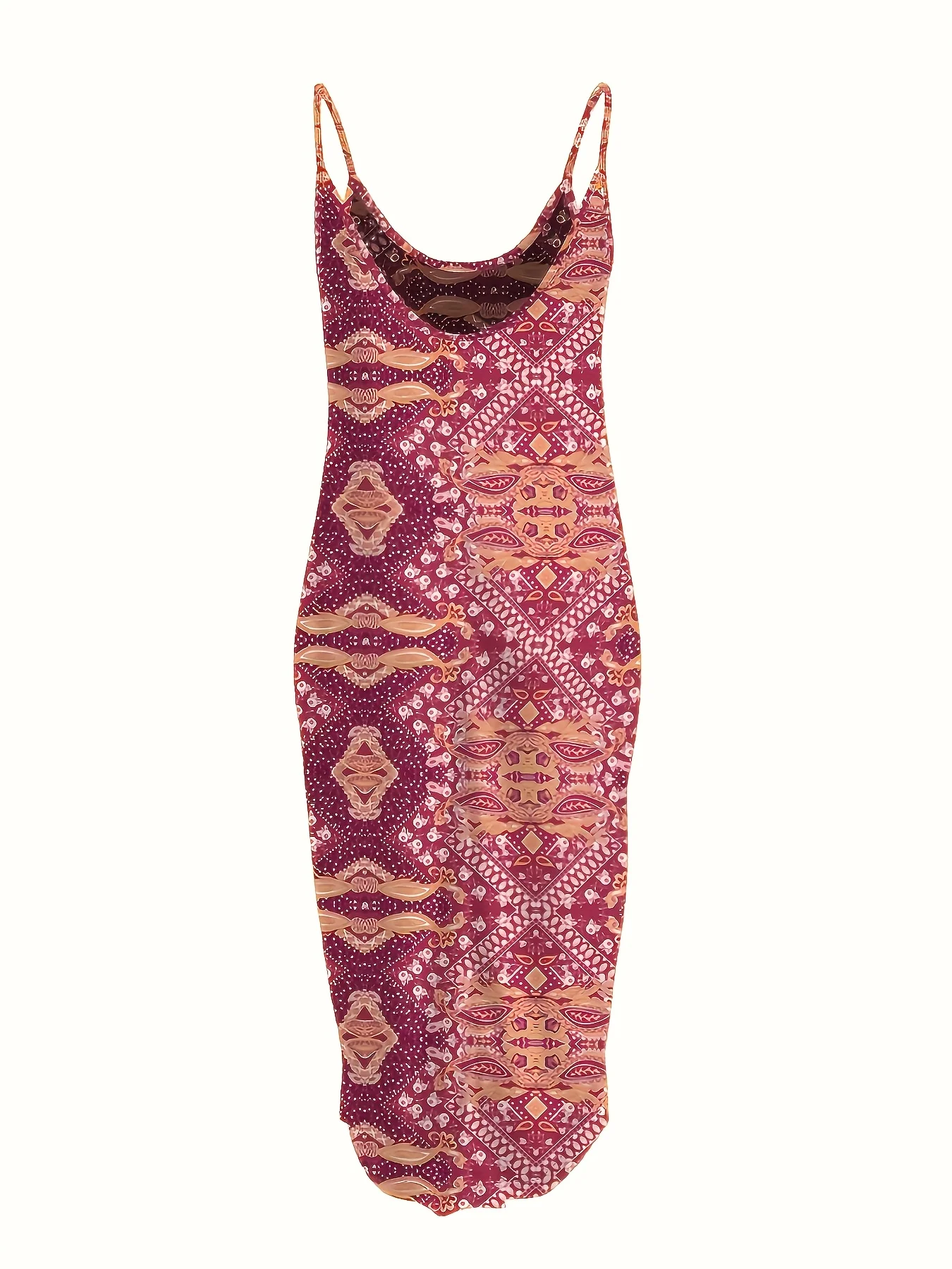 Women's Spaghetti Strap Burgundy Geometric Pattern Ethnic Boho Bodycon Dress Summer Party Vacation Casual Sundress