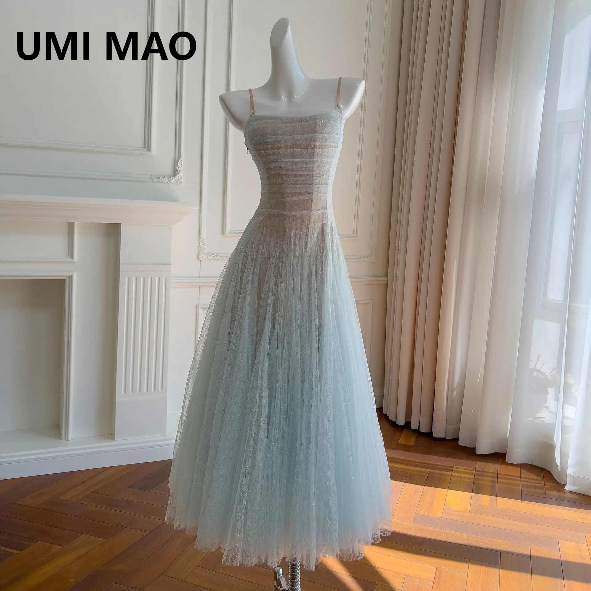 

UMI MAO летнее платье, новый продукт, синее длинное платье без бретелек на подтяжках и талии для похудения для женщин