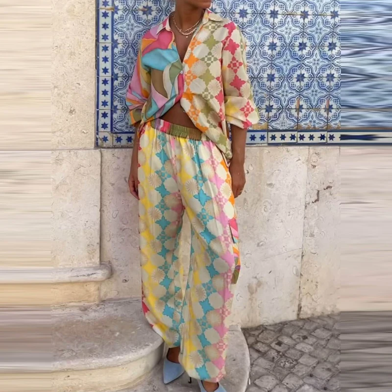 

Temperament Pattern Print Loose Two Piece Set Fashion Laple Collar Button Office Outfits 2025 Casual Long Shirt & Long Pant Suit
