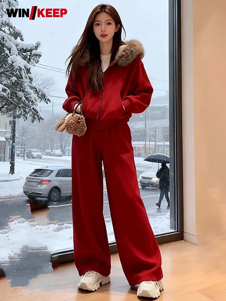 New Winter Women Warm Fleece Liner Sportswear Two Piece Set Hooded Jacket High Waist Wide Leg Pants Running Matching Set Outfit