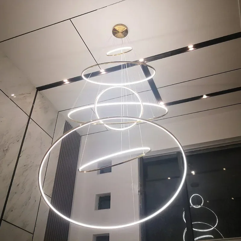 Modern simple living room hollow chandelier duplex building hotel light luxury lamp ring stainless