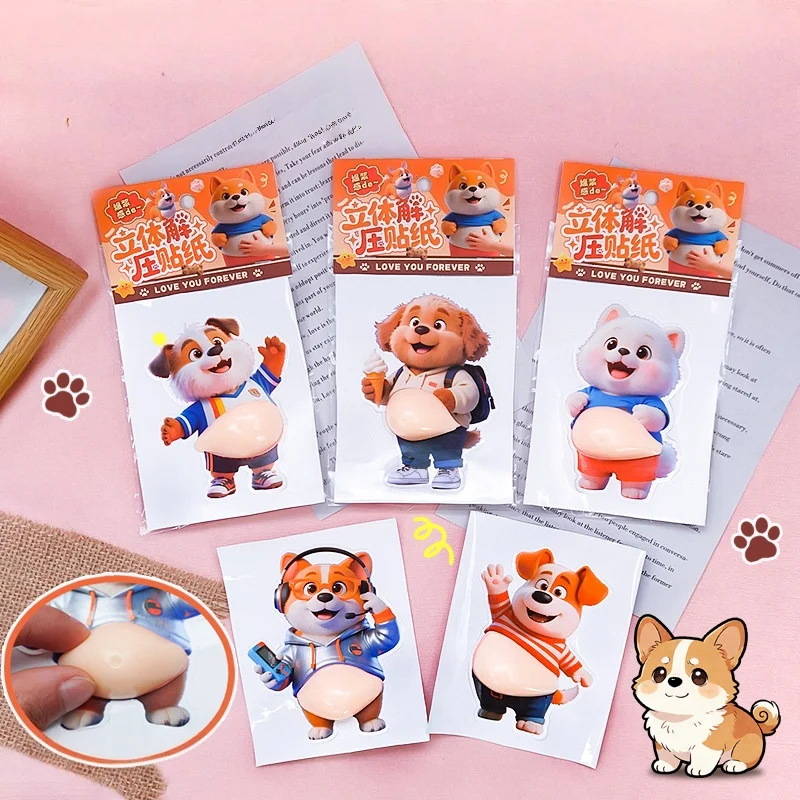 

2/4Pcs Cartoon Puppy 3D Belly Squeeze Stickers For Phone Case Car Decoration Decompression Sticker Party Festival Gift