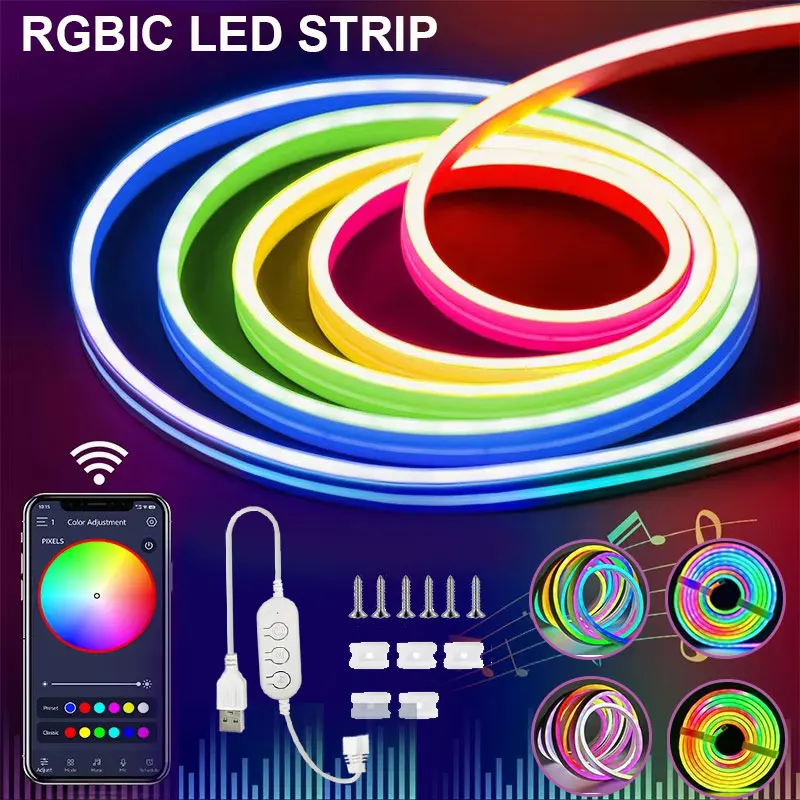 

USB Rgbic Neon Led Light Strip 5V 3 Key Remote App Bluetooth Control Music Synchronization Suitable For Home Room Bedroom Party