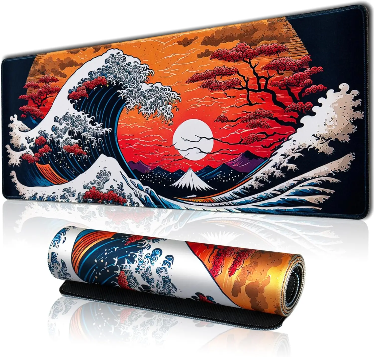 

Japanese Sea Waves Large Gaming Mouse Pad for Desk With stitching Waterproof and anti slip Rubber Base,Keyboard Pad Computer Mat