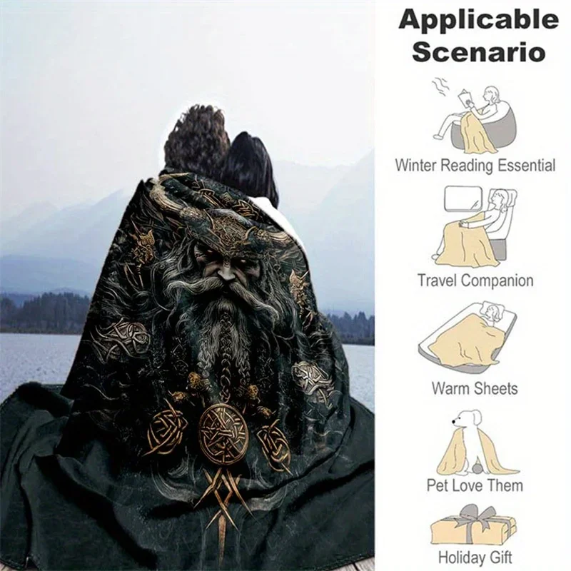 Customization Dark Fantasy Style Viking Head Pattern Printed Blanket, Suitable For Sofa, Bed, Camping, Office, Travel Gift Blank