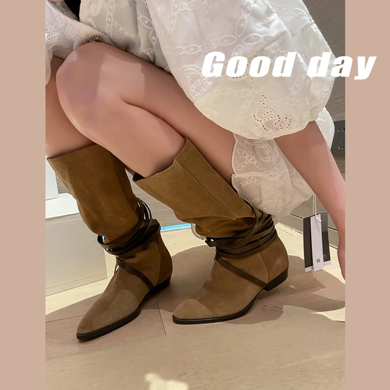 

Daily Botas Cross-Tied Spring Autumn Woman Boots Pointed Toe Western Boots Woman Slip On Simple Pleated Shoes Cow Suede