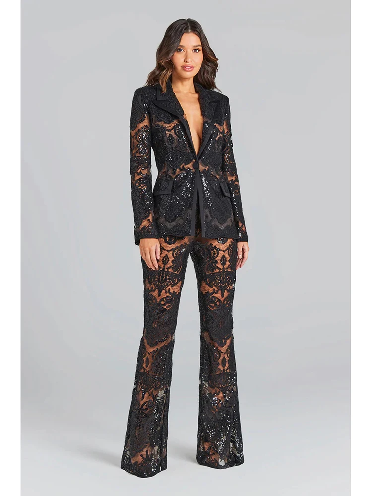 HIGH STREET Newest 2024 Designer Runway Suit Set Women\'s Single Button Guipure Lace Blazer Flare Pants Set