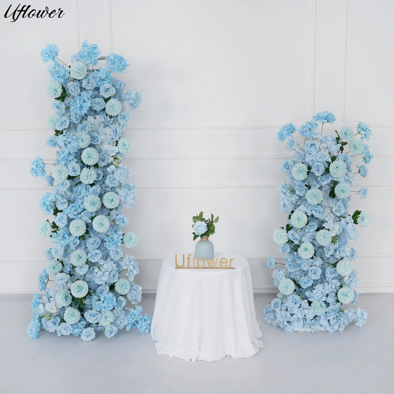 

Uflower Blue Rose Orchid Pompom Flower Row Wedding Decoration Party Backdrop Horn Arch Frame Floral Arrangement Window Display