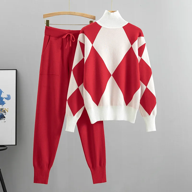 Autumn Winter Women's New Casual Knitted Tracksuits Plaid High Neck Sweater And Pants Two Piece Set New In Matching Sets
