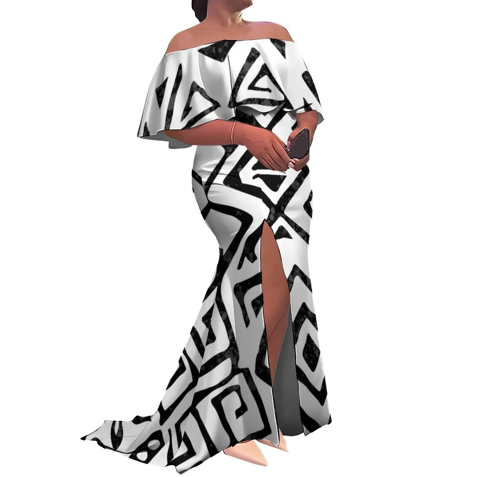 Fabrieksgroothandel op maat Hawaii dames fishtail-jurk en Nieuw-Zeelandse jurken Ruffle off-the-shoulder split zeemeermin maxi-jurk