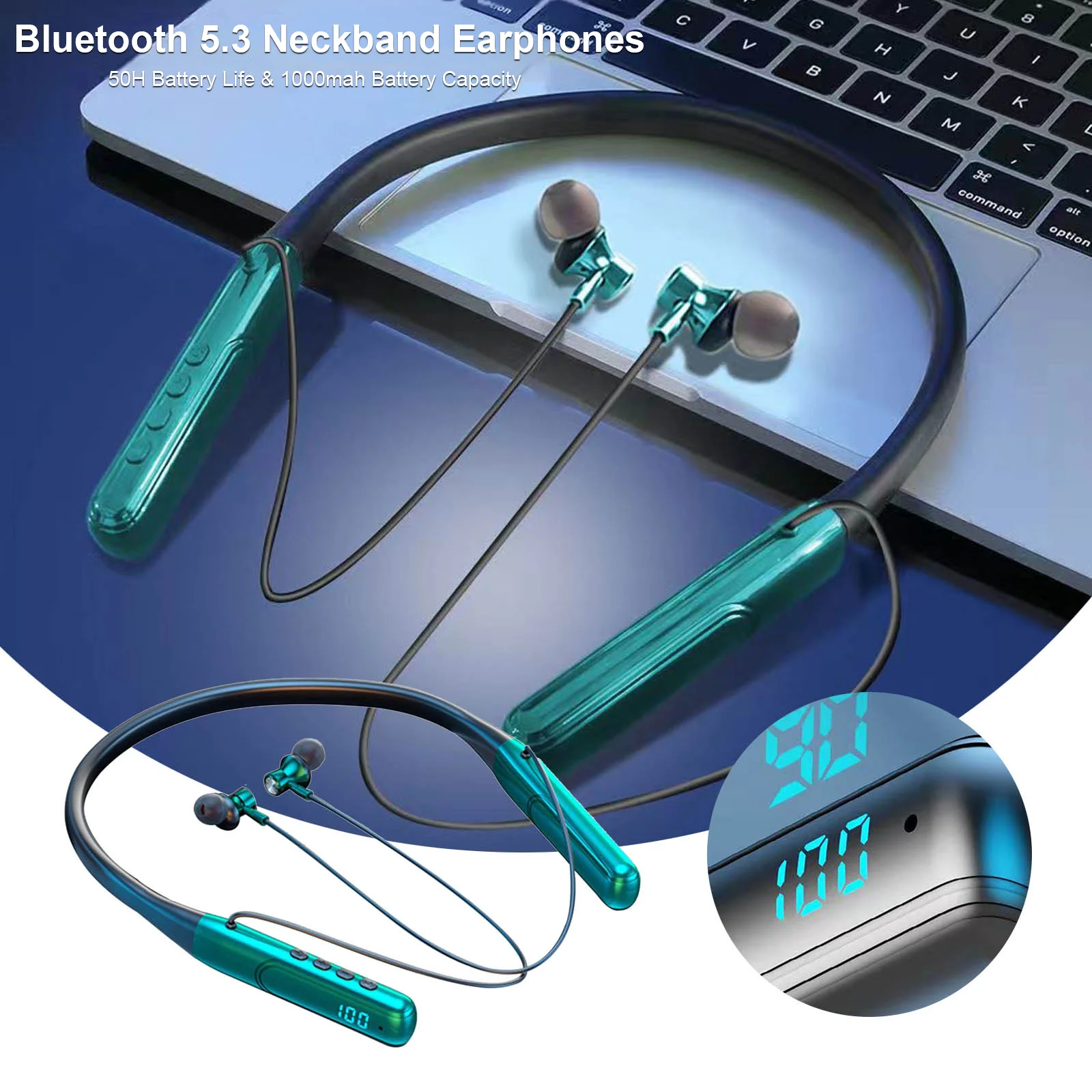 

Bluetooth 5.3 Neckband In Ear Headset Wireless Type-C Charging IPX7 Waterproof Sports Mic Earphones Power Display TF Card Mode