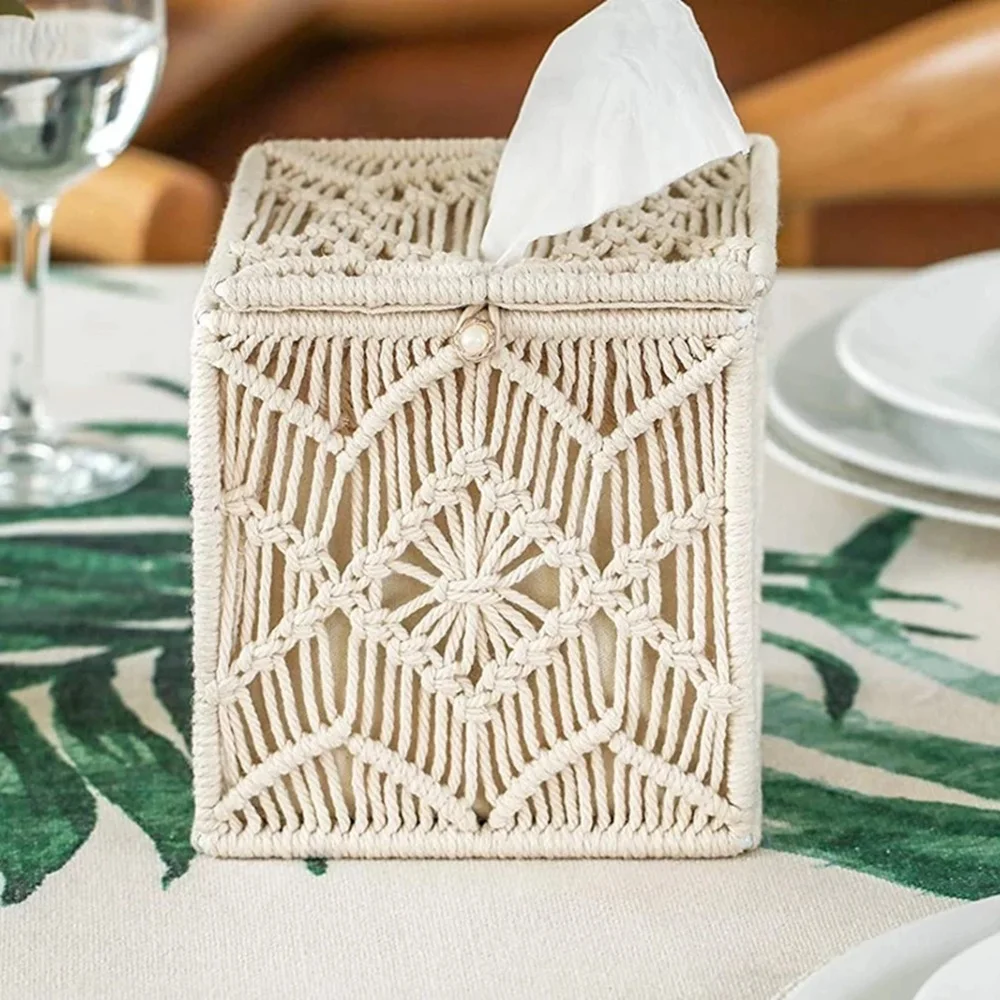 Tissue Box Cover Boho Decor Square Paper Tissue Holder with Bead Buckle Macrame Napkin Tissues Organizer Home Decor