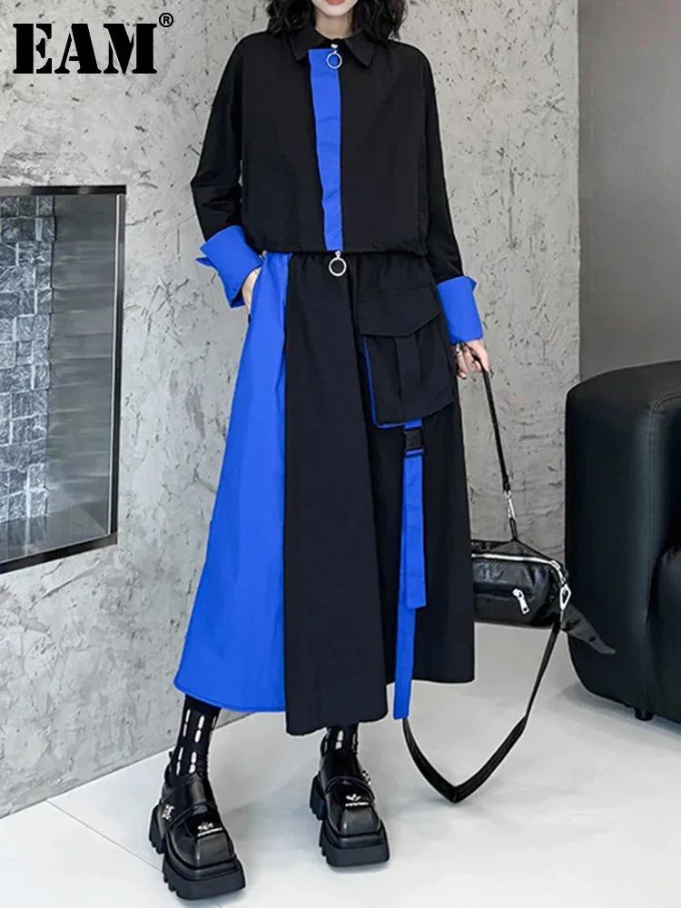 [EAM] Color-block Shirt Half-body Skirt Two Pieces Suit New Lapel Long Sleeve Women Fashion Tide Spring Autumn 2025 1DH6959