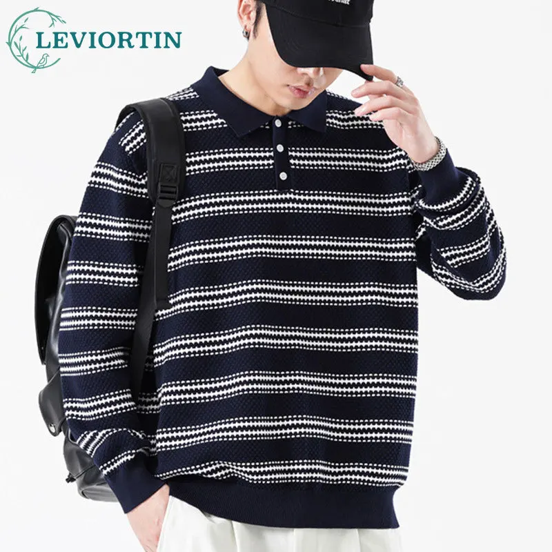 Autumn and Winter New American Retro Jacquard Collar Knitted Polo Sweater for Men, Trendy High Street Fashion Versatile Sweater