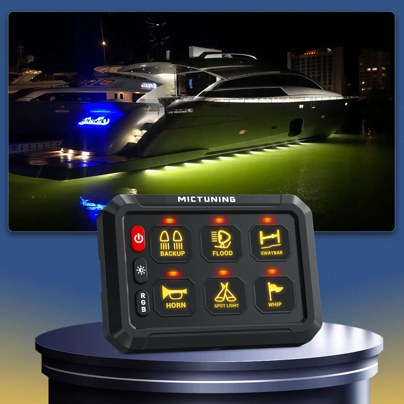 MICTUNING RGB 6 Gang Switch Panel 12V 24V with Backlit Off Adjustable RGB Colors Brightness Pulsed Switch Pod for Truck Car Boat
