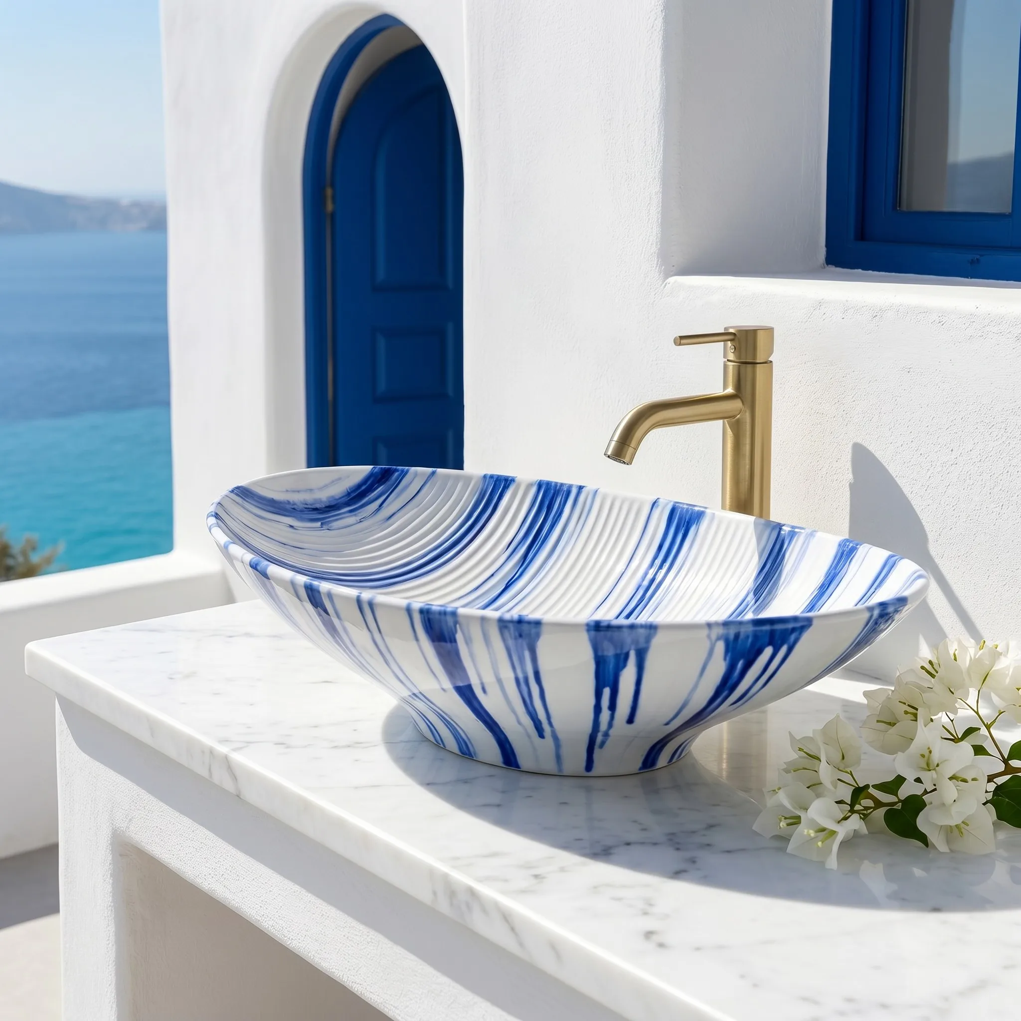 R*#n Ceramic Countertop Sink Flower Basin Shape Easy Clean Surface Sky Blue Marble Relief Lines Drainer Living Room Warehouse