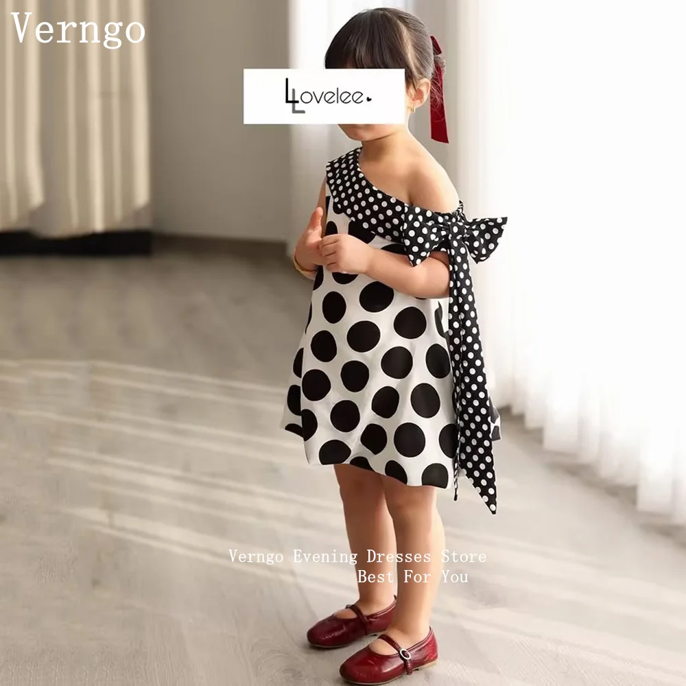 Verngo White Black Polka Dot Kids Dress Pink Ruffle Collar Sleeves Flower Girl Dress A Line Princess Gowns Customized