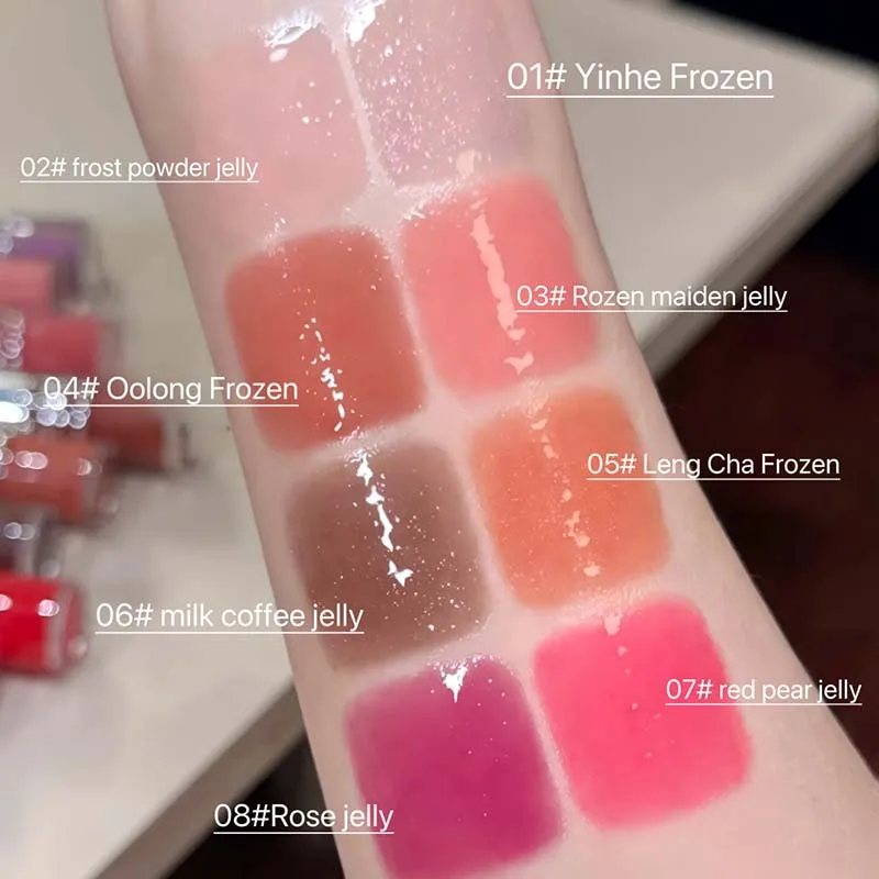 ピーチピンクの保湿リップグロス、微細な輝きで長持ち、べたつかないジェリーリッププランパー、韓国風メイク