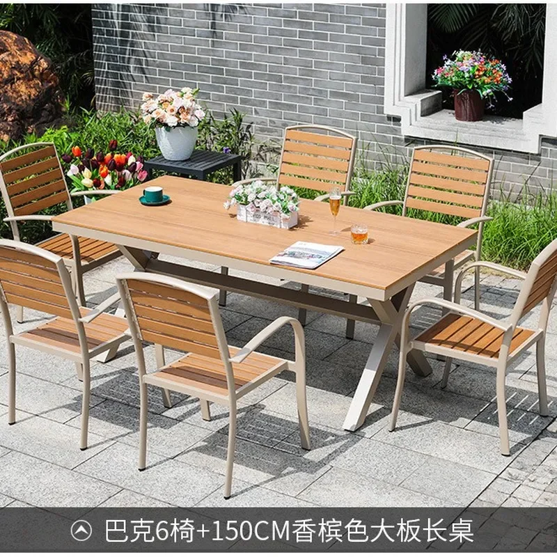 Outdoor Plastic Wood Dining Table and Chairs Set Waterproof Anti-Corrosion Leisure Furniture for Villa Balcony Courtyard