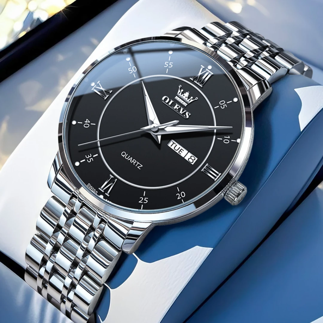 

OLEVS 3680, модные кварцевые часы, подарок, круглый циферблат, ремешок для часов из нержавеющей стали, наручные часы с дисплеем недели, светящийся календарь