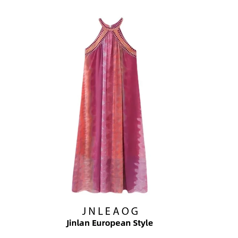 JNLEAOG Loose Dyed Dress Pearl Decoration Street Style Printed A-Line Skirt for Women Summer Season Sleeveless Hang Neck Design