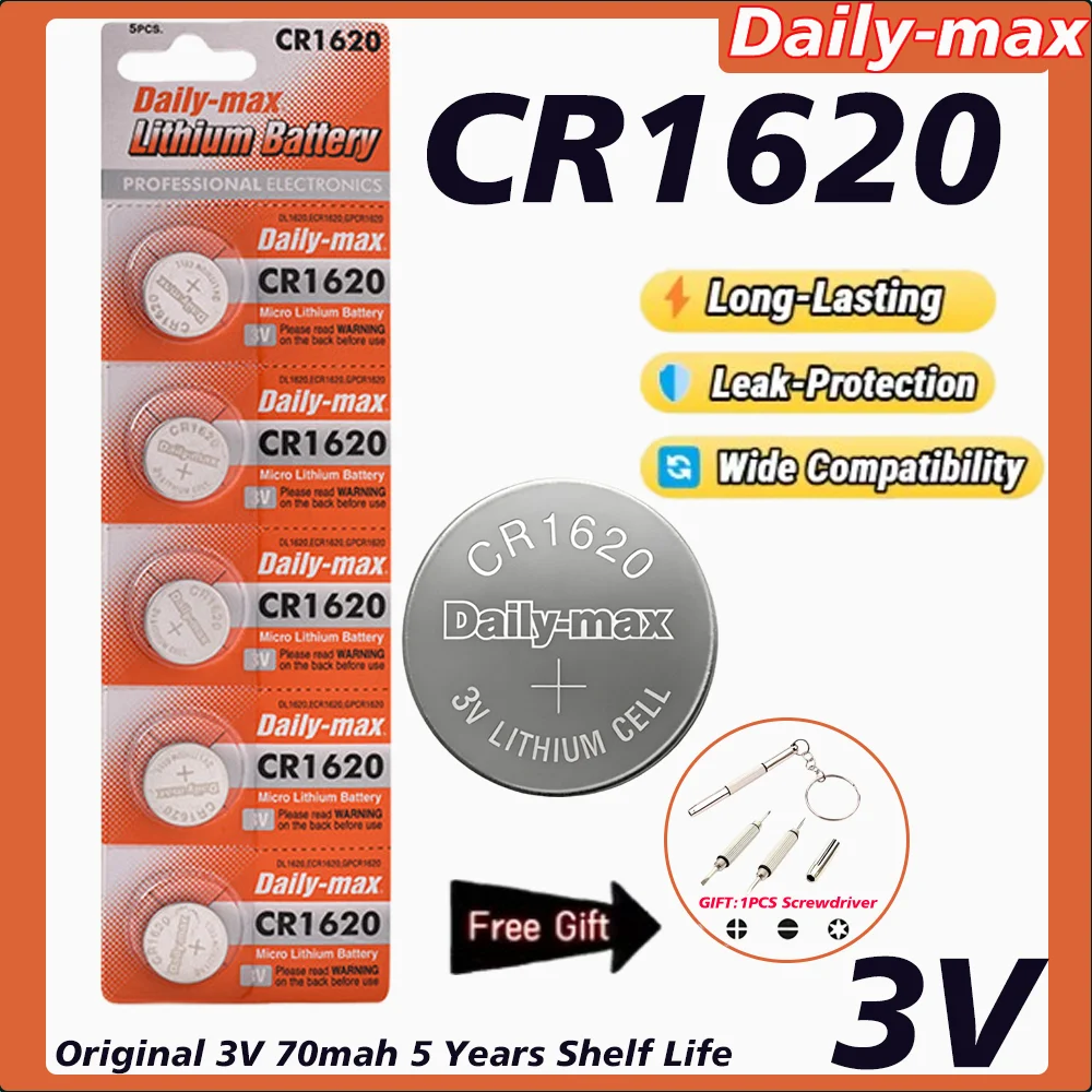 3V CR1620 Lithium Button Battery CR1620 Coin Cell DL1620 BR1620 for Watch Car Audio Speaker Scale Shaver Long Lasting Power