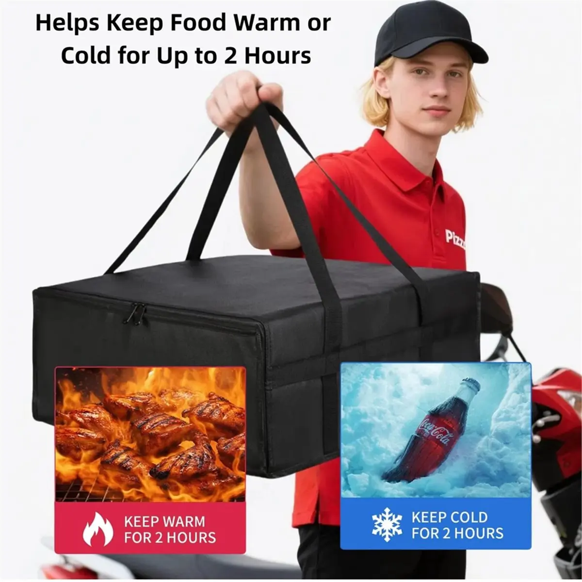2026 New 19.6x19.6x5.9 Insulated Pizza Delivery Bag with Zipper Thermal Food Carrier Reusable Catering Transport Box Black
