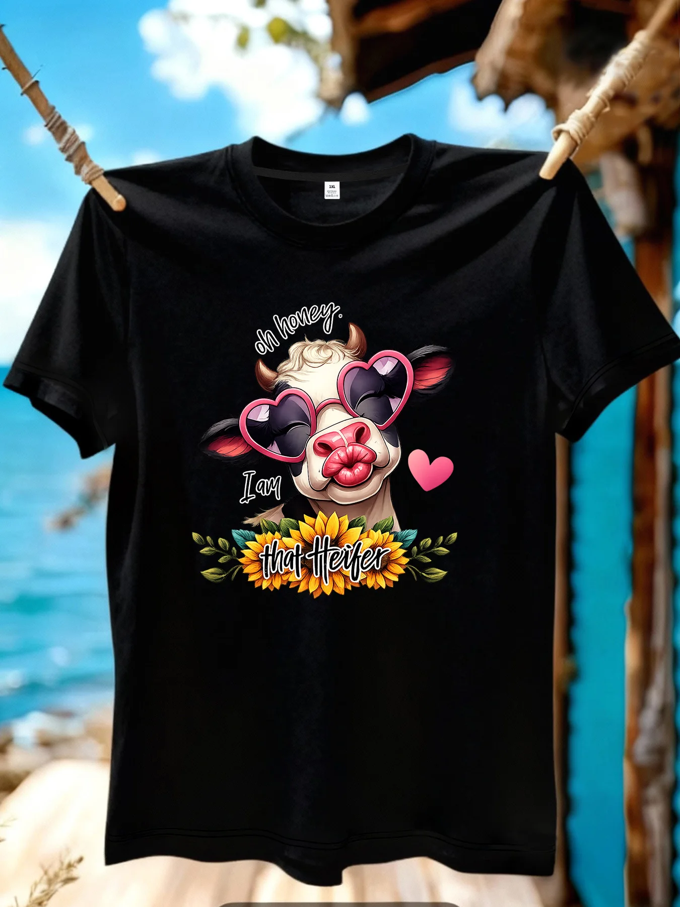 

[YJ01028]Cow and Flower Pattern Print Plus Size Women's T-Shirt Summer Casual Short Sleeve Top Fashionable Versatile Clothing